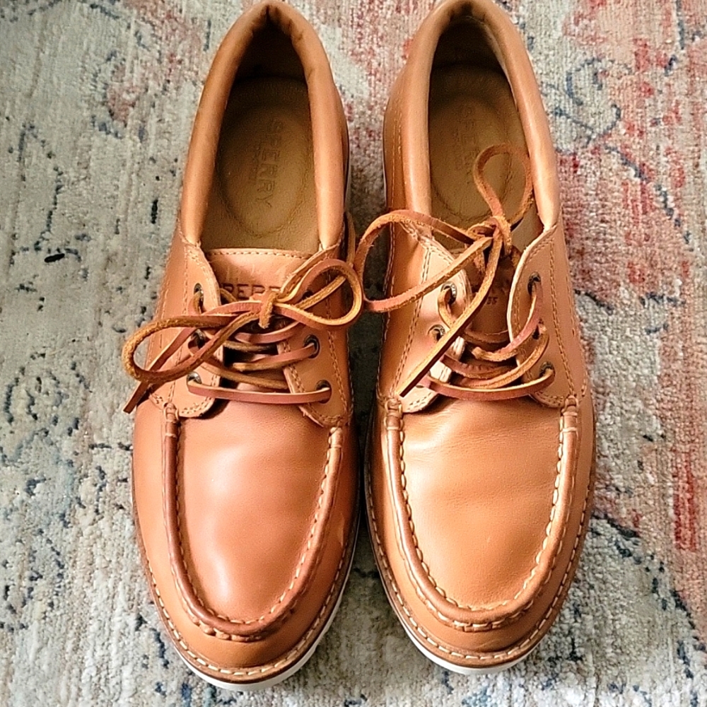 Sperry A/O Tan Slip-On Leather Lug Sole Lace Up Boat Shoe Womens 8M